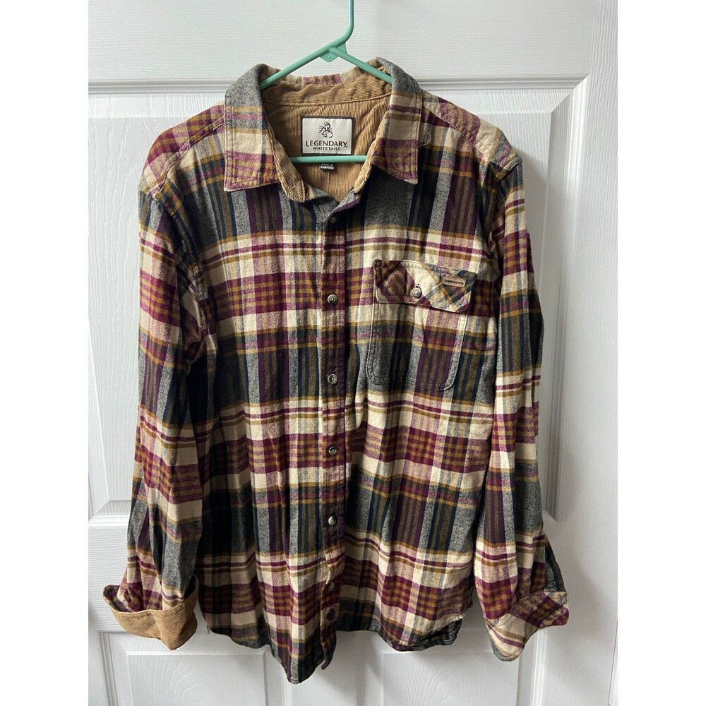 Legendary Whitetails Flannel Shirt Mens Large Tan Red Flap Pockets  Flip Cuff